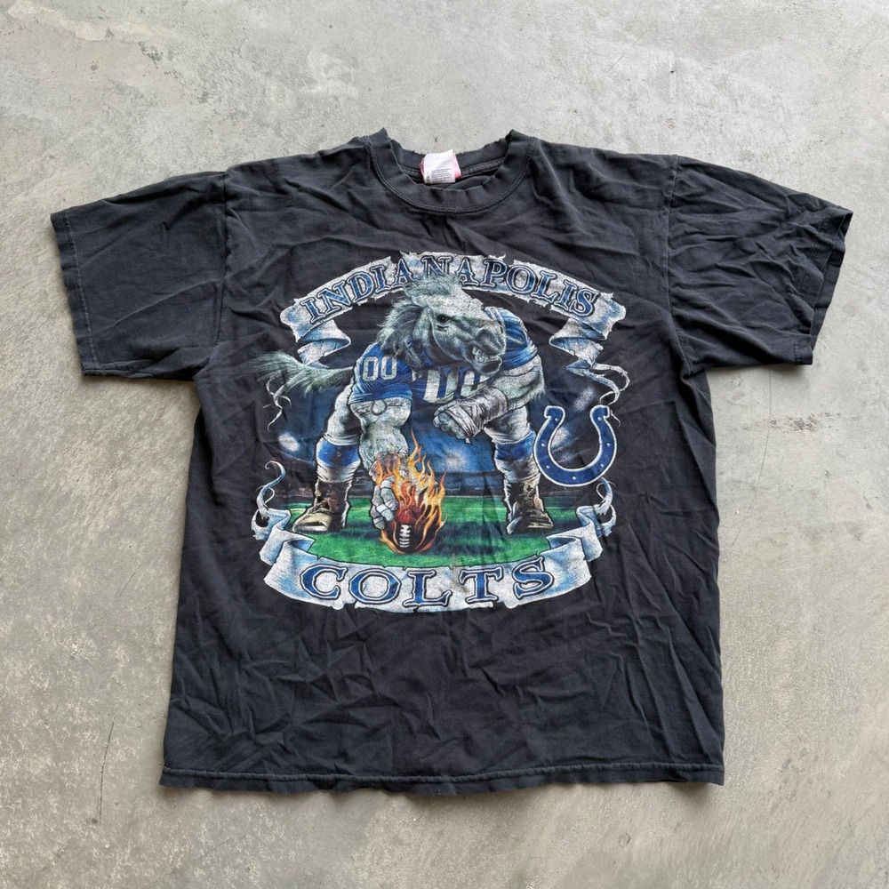 Vintage Indianapolis Colts Graphic T-Shirt Faded Black Distressed Mens L